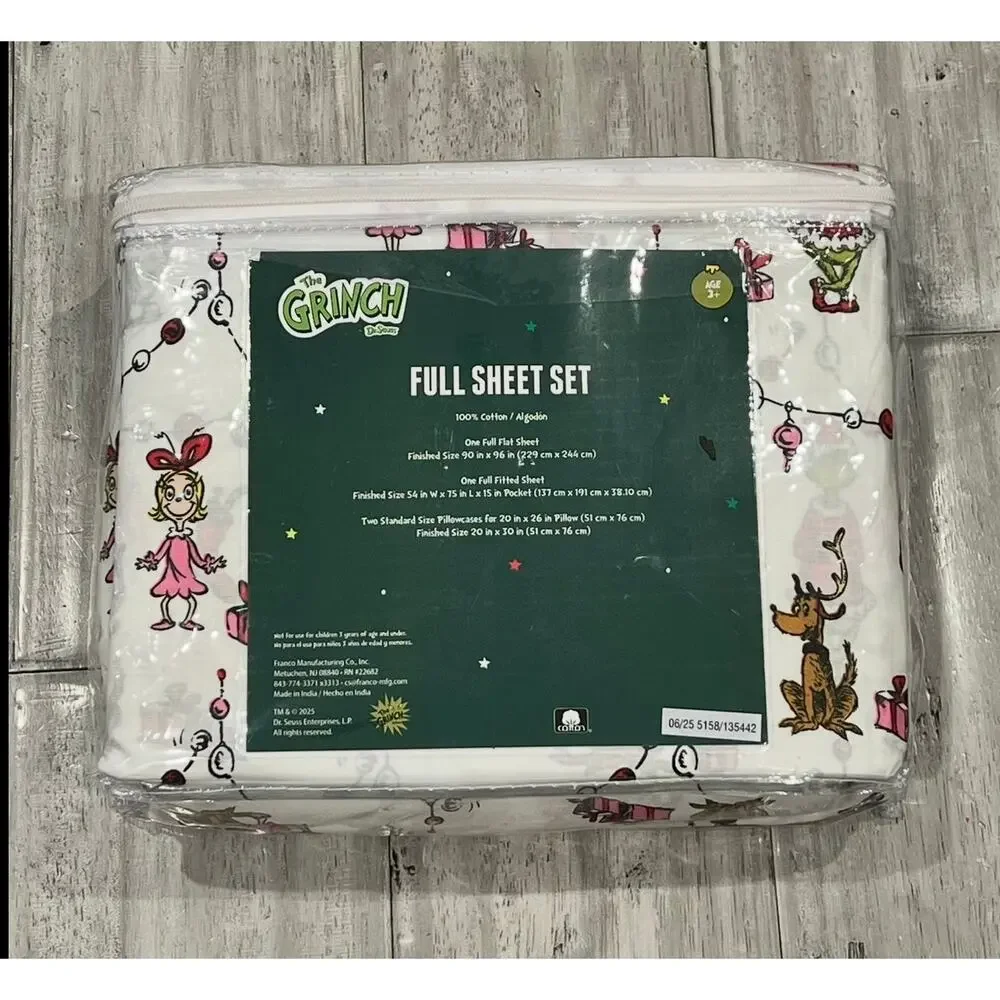 Dr Seuss Grinch Full Sheet Set Whoville Christmas Cotton Bedding NWT